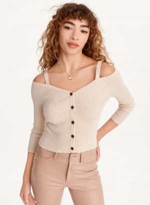 Beige Women's Dkny Long Sleeve Cold Shoulder Sweaters | 1079STQMA