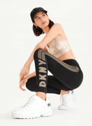 Black/Gold Women's Dkny High Waist Full Length High Density Logo Leggings | 1589MRWKC