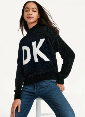 Black/Ivory Women's Dkny Chunky Chenille Logo Sweaters | 7234UEZYW