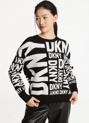 Black/Ivory Women's Dkny Long Sleeve Crew Neck Exploded Logo Sweaters | 8164BLHER