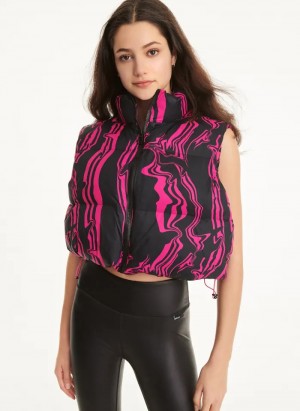 Black/Pink Women's Dkny Marble Print Vest Puffers | 4608BTFIP