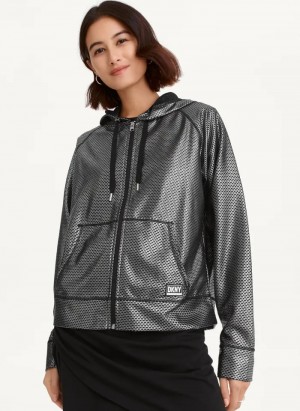 Black/Silver Women's Dkny Chintz Honeycomb Mesh Full Zip Hoodie | 6307YXZWO