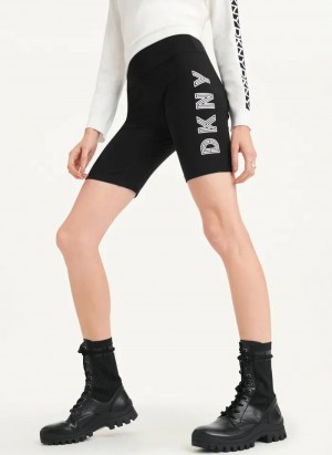 Black/White Women's Dkny High Waist Track Logo Bike Shorts | 8409JBMVK