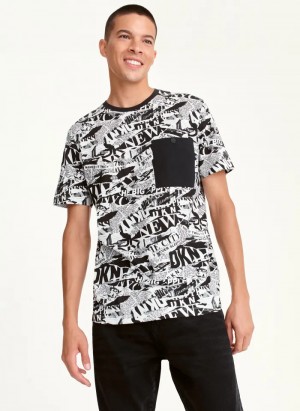 Black Combo Men's Dkny SHREDDED NEWSPAPER T Shirts | 6395DGYLH