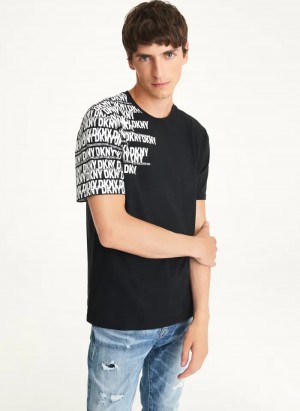 Black Men's Dkny Asymmetrical Sleeve Logo T Shirts | 7201UISRC