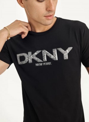 Black Men's Dkny Metallic Puff Logo T Shirts | 0521EFGPL