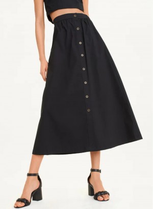 Black Women's Dkny Button Front Poplin Skirt | 6217KUNFL