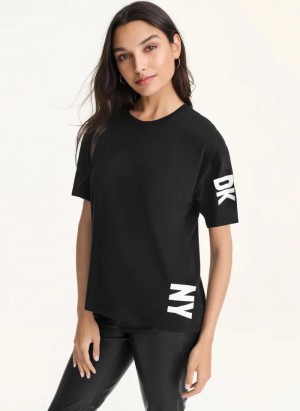 Black Women's Dkny DKNY Logo Shoulder T Shirts | 1975KLHAV