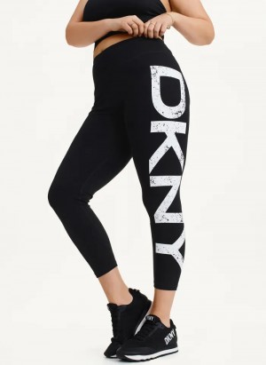 Black Women's Dkny Distressed Crackle Logo High Waist Leggings | 3086XNTIF