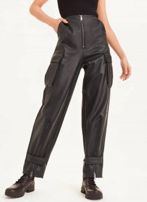 Black Women's Dkny Faux Leather Cargo with Zipper Detail Pants | 6590ECXPL