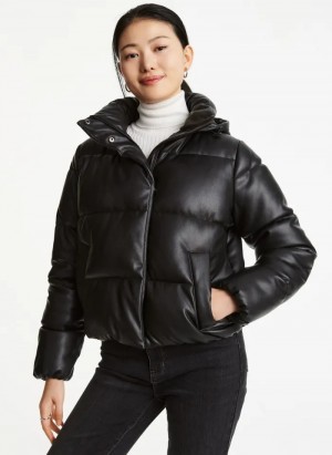 Black Women's Dkny Faux Leather Hooded Puffers | 7851RJFOU