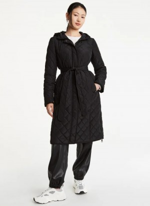 Black Women's Dkny Long Quilted Trench Coats | 1380BIAOL