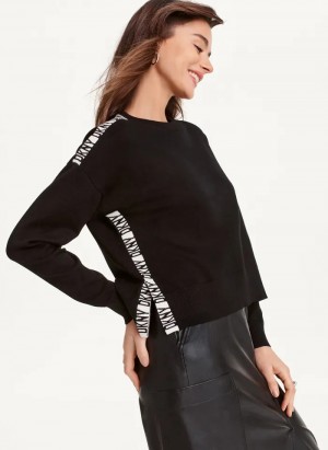 Black Women's Dkny Long Sleeve Logo Tape Sweaters | 8129ELGSI