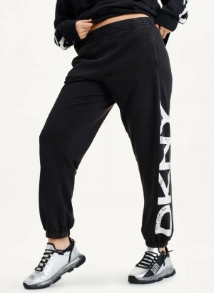 Black Women's Dkny Pigment Dye Distressed Crackle Logo Jogger Pants | 6421GBHWL