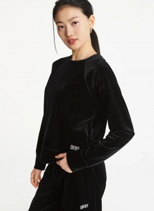 Black Women's Dkny Platinum Velour Crew Neck Raglan Pullover | 4910ZJXOI