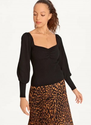 Black Women's Dkny Puff-Sleeve Sweatheart Sweaters | 4790MEKLX