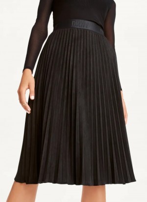 Black Women's Dkny Suede Midi Pleated Skirt | 3108LIVQT