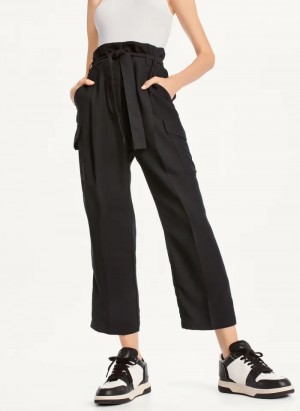 Black Women's Dkny Tie High Waist Tapered Pants | 6239JYGUD