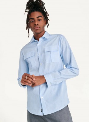 Blue Men's Dkny Colorblocked Stripe Woven Shirts | 6908VDATS