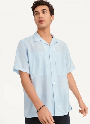 Blue Men's Dkny Imitation Silk Camp Shirts | 6407LQMJX