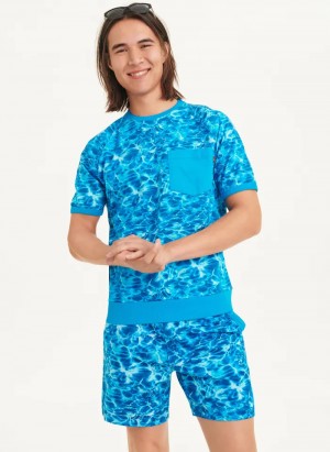 Blue Men's Dkny Water Print Crew T Shirts | 3867GFTYK