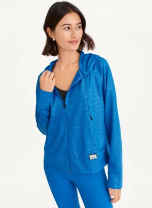 Blue Women's Dkny Chintz Honeycomb Mesh Full Zip Hoodie | 1596HZKDJ