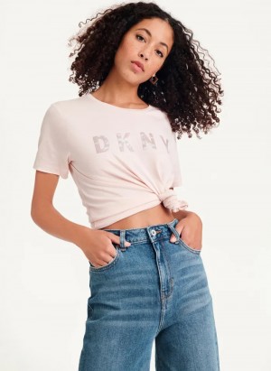 Blush Women's Dkny Glitter Logo T Shirts | 1502QHXUN