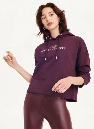 Bordeaux Women's Dkny Mixed Distressed Metallic Logo Cropped Hoodie | 5810AFTYL