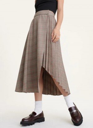 Brown Combo Women's Dkny Pleated Wrap Midi Skirt | 6203RFUBQ