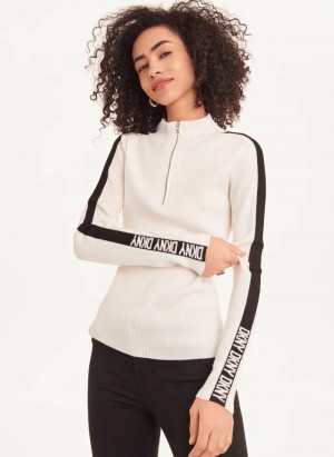 Ivory/Black Women's Dkny Long Sleeve Half Zip Logo Tape Sweaters | 7302EOZTA