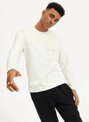 Ivory Men's Dkny Mixed Media Pocket Long Sleeve Knit T Shirts | 6487SAZEJ