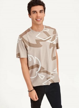 Khaki Men's Dkny Leaves Print Slub Jersey T Shirts | 7328EWYIG