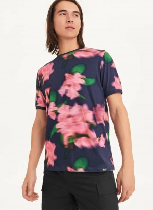 Navy/Pink Men's Dkny Blurry Floral Crew T Shirts | 2094CVSLD