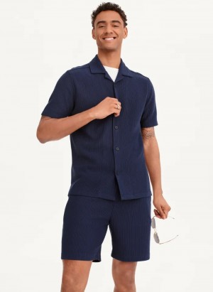 Navy Men's Dkny Button Front Cord Shirts | 5723EQGPF