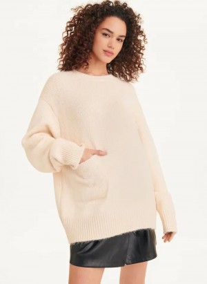 Oatmeal Heather Women's Dkny Crewneck Pocket Sweaters | 7024DKLRT