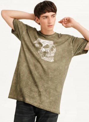 Olive Men's Dkny Pigment Dye Sketched Skull T Shirts | 1948UCRHN