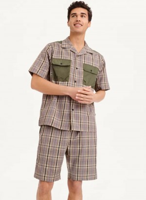 Olive Men's Dkny Plaid/Solid Mixed Short Sleeve Knit Shirts | 2914QUMXC