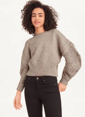 Pebble Heather Women's Dkny Long Sleeve Mix Stitch Crew Neck Sweaters | 1503JRNEC