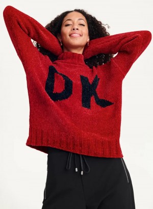 Scarlet/Black Women's Dkny Chunky Chenille Logo Sweaters | 8410UFVMX