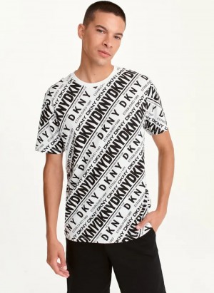 White/Black Men's Dkny ALLOVER DIAGONAL LOGO T Shirts | 8237AGTZE