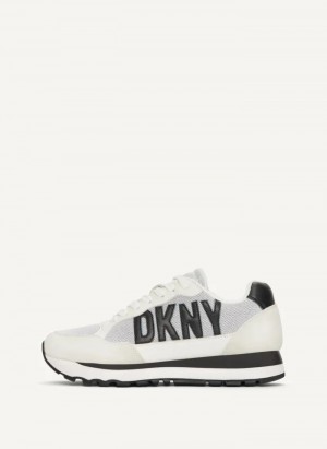 White/Black Women's Dkny Exploded Logo Retro Sneakers | 7350BGNXF