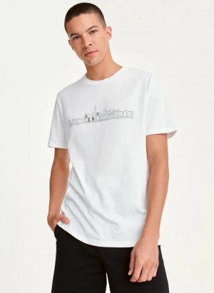 White Men's Dkny Dkny Cityscape Sketch T Shirts | 5862UZFEL