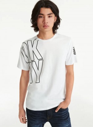 White Men's Dkny Exploded Logo Outline T Shirts | 4803JEOTY