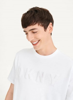 White Men's Dkny Stamped Logo T Shirts | 4592KFWPY