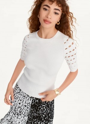 White Women's Dkny Cut Out Sleeve Sweaters | 7580NSYIK