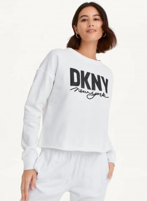 White Women's Dkny Glitter Script Logo Cropped Raw Edge Pullover | 7261LQKIU