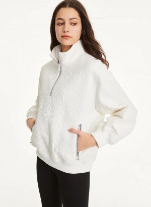 White Women's Dkny Mini Rip-Stop Half Zip W/ Logo Quilting And Reflective Zip Pullover | 6890MSHWG