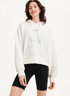 White Women's Dkny Mixed Distressed Metallic Logo Cropped Hoodie | 0856MBTSK