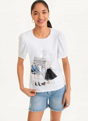 White Women's Dkny Short Sleeve Conversational T Shirts | 4731DWJGP