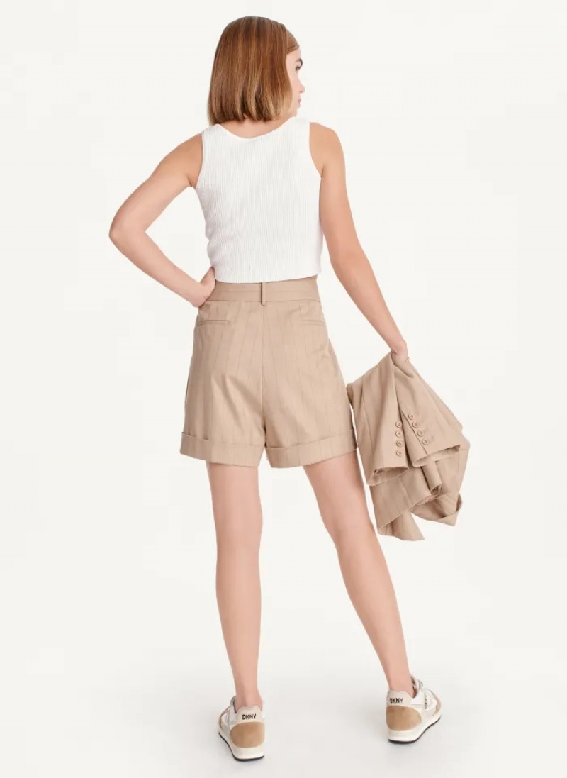 Beige Women's Dkny Striped Shorts | 2710VUFPS